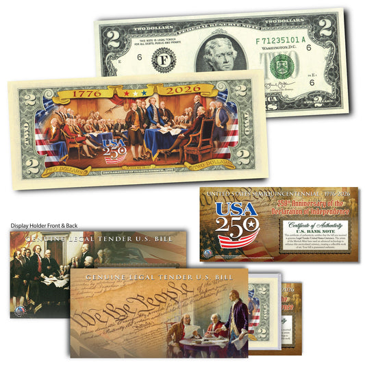 America's 250th Anniversary Collectible $2 Bill | 1776 - 2026 Banner with Colored Back