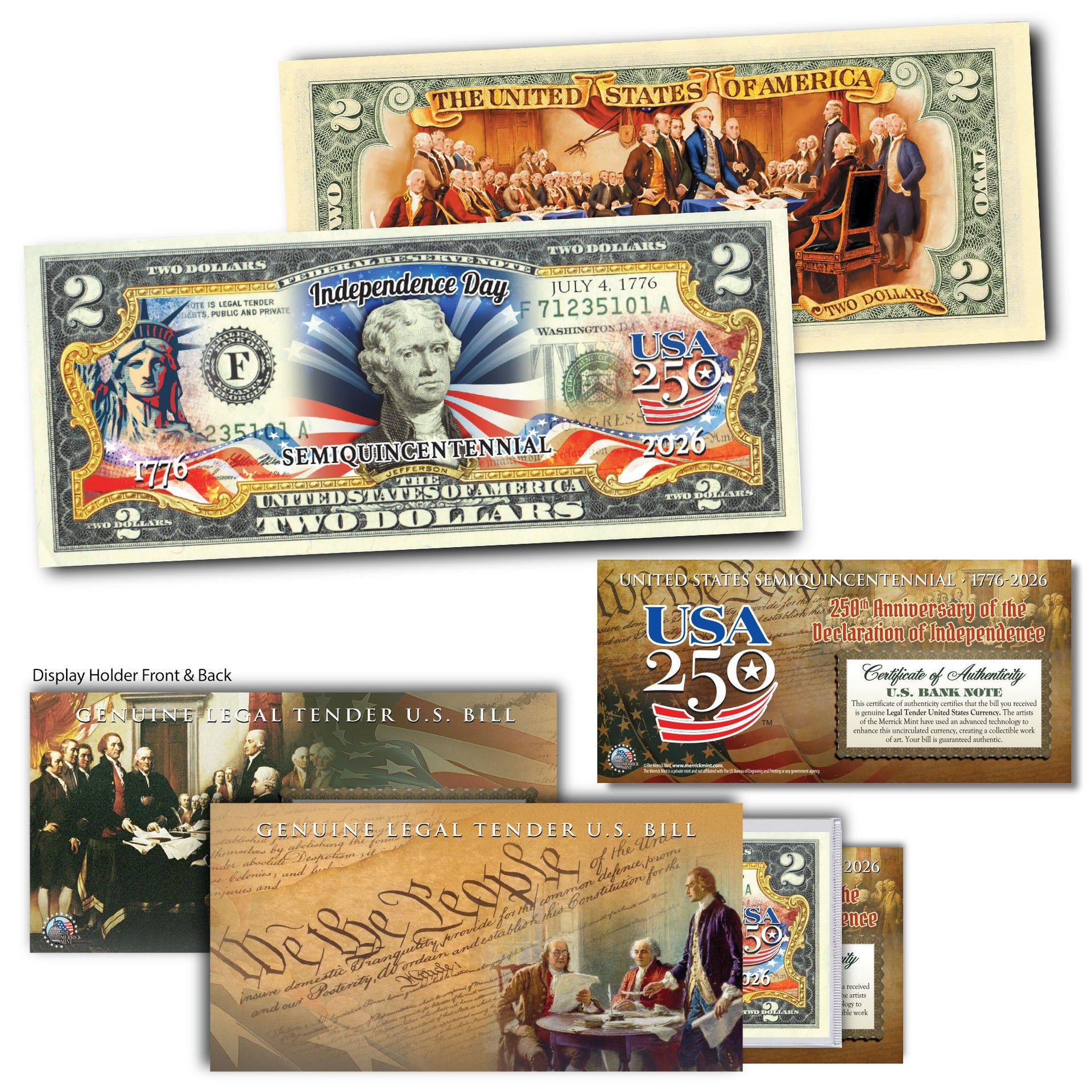America's 250th Anniversary collectible $2 bill featuring Independence Day design, showing front and back details.