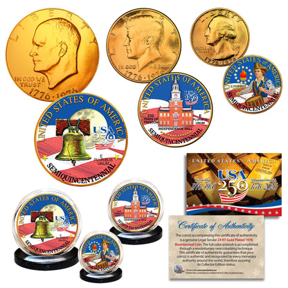 1976 Bicentennial - 24KT Gold Plated & Colorized Semiquincentennial 3-Coin Set