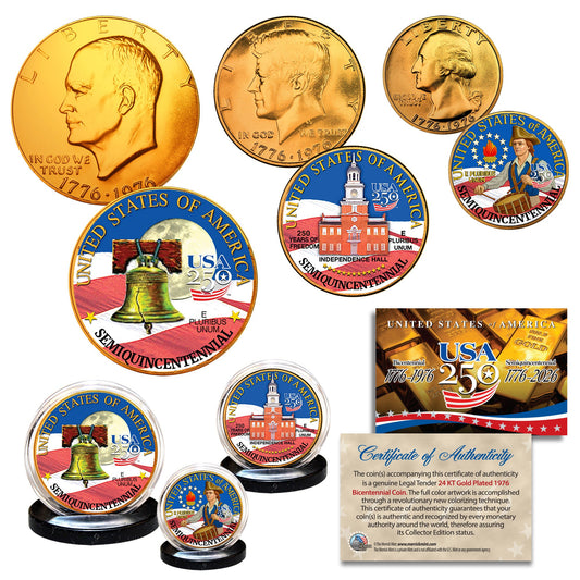 1976 Bicentennial - 24KT Gold Plated & Colorized Semiquincentennial 3-Coin Set