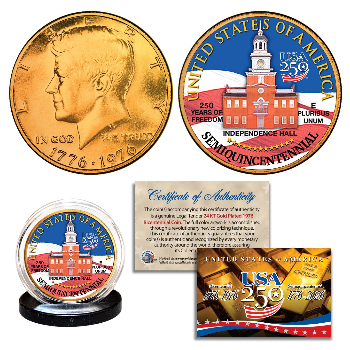 1976 Bicentennial - 24KT Gold Plated & Colorized Semiquincentennial 3-Coin Set