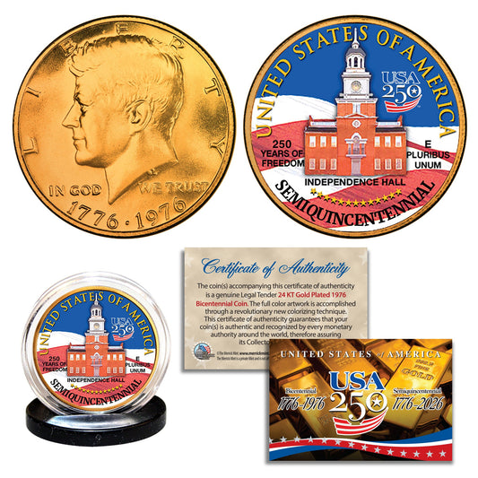 1976 Bicentennial – 24KT Gold Plated & Colorized Semiquincentennial JFK Half Dollar