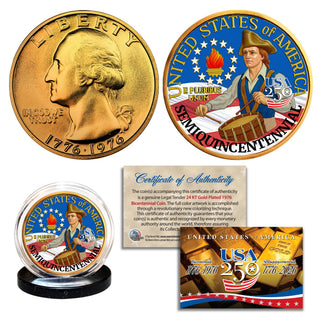Gold Independence Day coin featuring a patriotic design, certificate of authenticity, and a display stand.