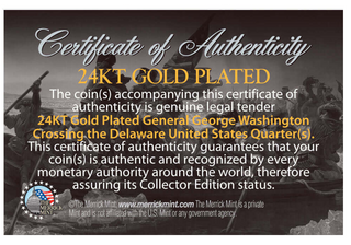 Certificate of authenticity for 24K gold plated Washington Crossing Delaware quarter, detailing its legal tender status.