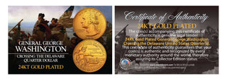 24K gold plated Washington DC quarter featuring George Washington and a certificate of authenticity.