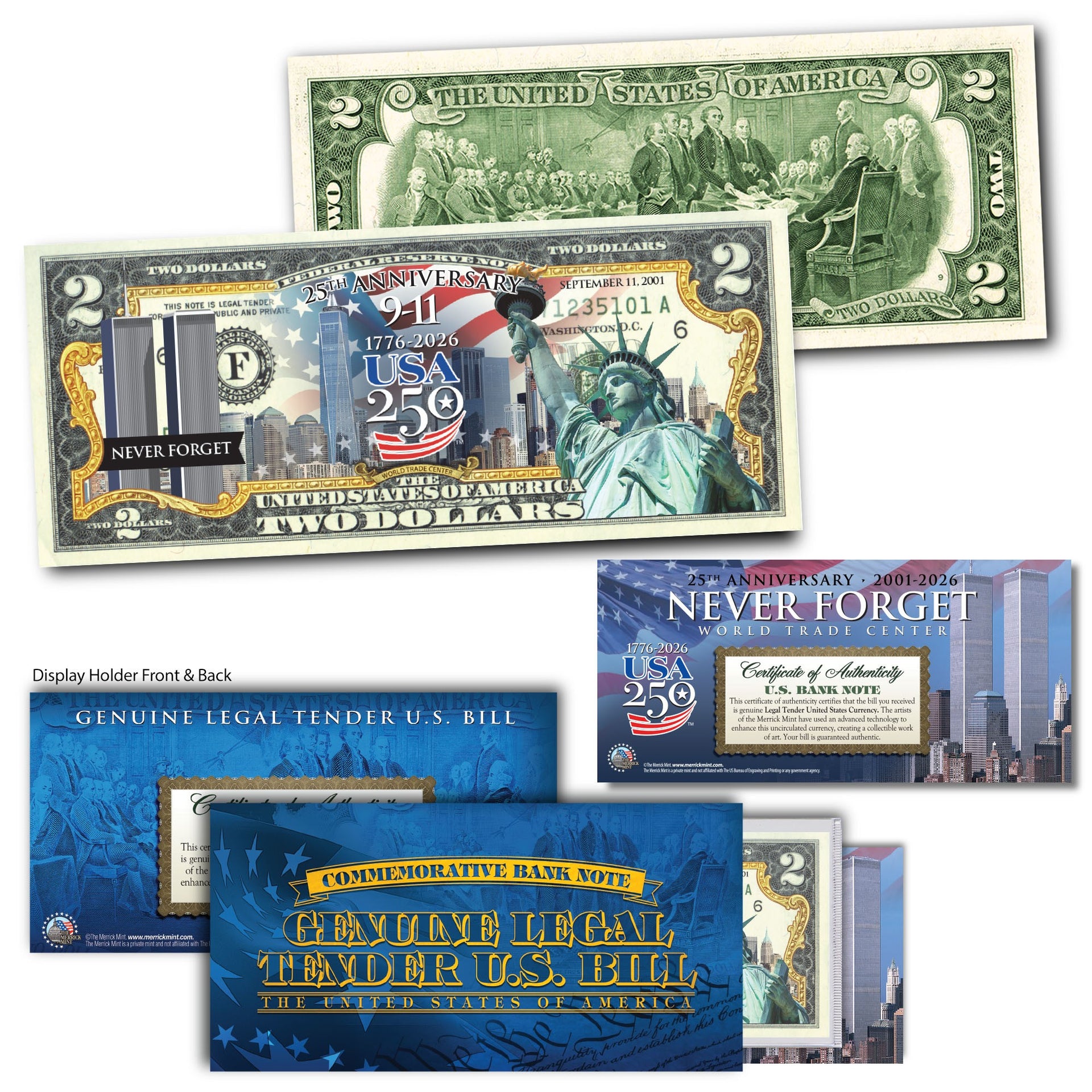 Commemorative $2 bill featuring 9/11 and America's 250th anniversary, with images of the Statue of Liberty and World Trade...