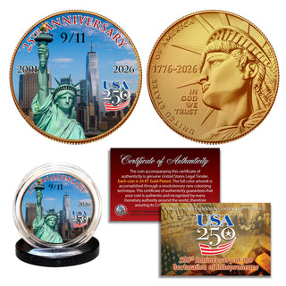 9/11 25th Anniversary 24KT Gold-Plated Half Dollar | USA 250 Semiquincentennial | Never Forget | Colorized Genuine U.S. Legal Tender with Display Capsule & Certificate of Authenticity