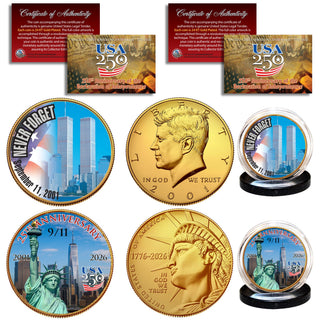 9/11 "Never Forget" 2-Coin 24KT Gold-Plated Half Dollar Set | 2001 JFK & 2026 USA 250 Semiquincentennial | Genuine U.S. Legal Tender with Display Capsules & Certificates of Authenticity