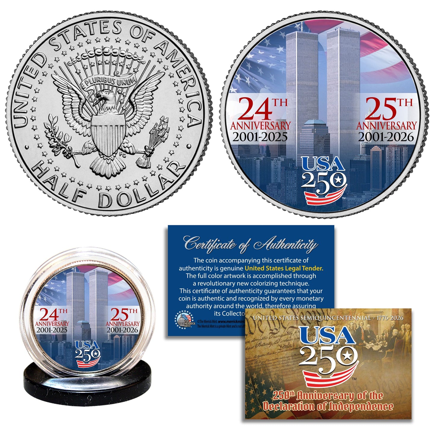 9/11 25th Anniversary + America's 250th Anniversary Coin & $2 Bill Bundle