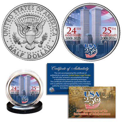 9/11 25th Anniversary + America's 250th Anniversary Coin & $2 Bill Bundle