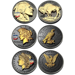 All Three 3D Tribute Coins With USA 250 Privy Marks (Black Ruthenium & 24k Gold)