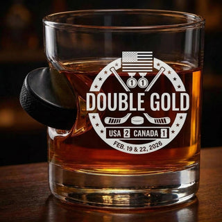USA Hockey Double Gold - Hockey Puck Embedded Glassware