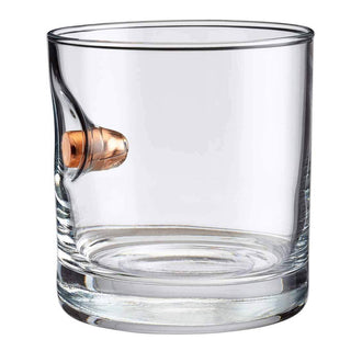BenShot 11oz rocks glass with a copper bullet embedded in the side, clear glass design, and a sturdy base.