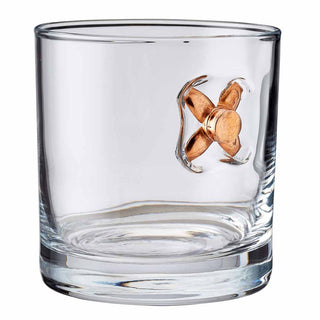 BenShot 11oz rocks glass featuring a copper bullet embedded in the side, clear glass with a thick base.