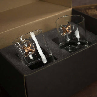 BenShot 11oz rocks glass set featuring a unique bullet design, presented in a black gift box with foam insert.