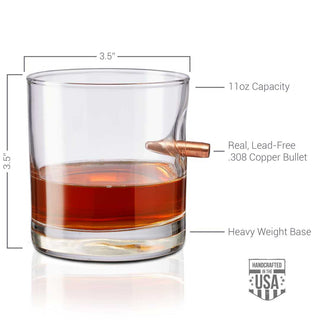BenShot rocks glass, 11oz capacity, featuring a real .308 copper bullet embedded in the side, heavy weight base.