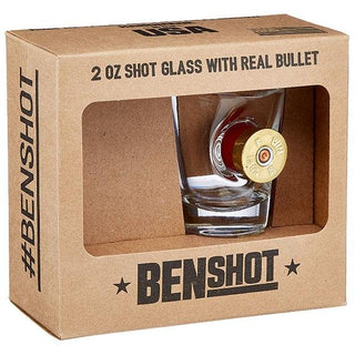 BenShot shotgun shell glasses in a box, featuring a real bullet embedded in the base of each 2 oz glass.
