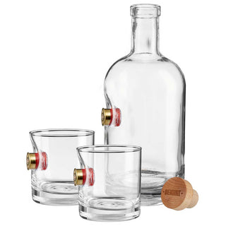 BenShot shotgun shell glasses set with two clear glasses and a matching glass bottle, featuring brass bullet accents.