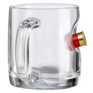 BenShot shotgun shell glasses with a clear glass body and a red and gold shotgun shell embedded in the side.