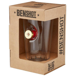 BenShot shotgun shell glasses in a clear pint glass with a red shotgun shell design, packaged in a cardboard box.