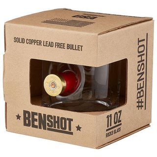 BenShot shotgun shell glasses in a clear glass design with a red shotgun shell base, displayed in a cardboard box.