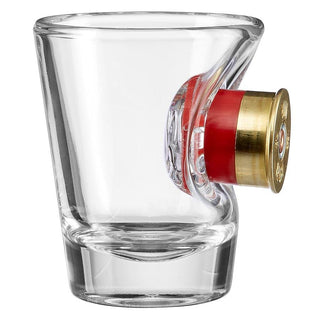 BenShot shotgun shell glasses featuring a clear glass design with a red shotgun shell embedded in the side.
