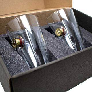 BenShot shotgun shell glasses in a black gift box with foam padding, featuring gold and red shell accents.