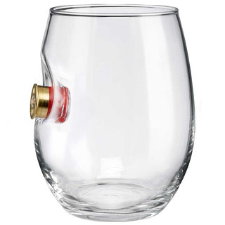 BenShot shotgun shell wine glass with a clear body and a decorative shotgun shell embedded in the side.
