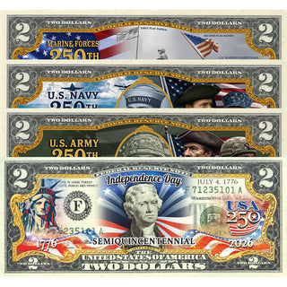 250th Anniversary $2 bill bundle featuring designs for Marine Forces, U.S. Navy, U.S. Army, and Independence Day.