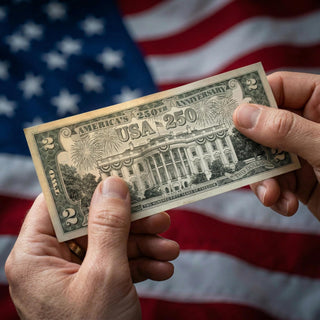 White House $2 bill held in hands, featuring 'USA 250' and fireworks design, with an American flag background.