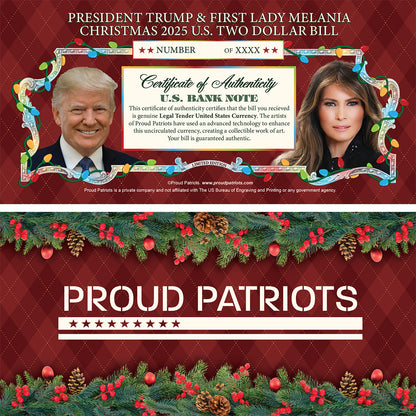 Christmas 2025 Collectible $2 Bill - President Donald Trump & First Lady Melania Trump (Individually Numbered Certificate)