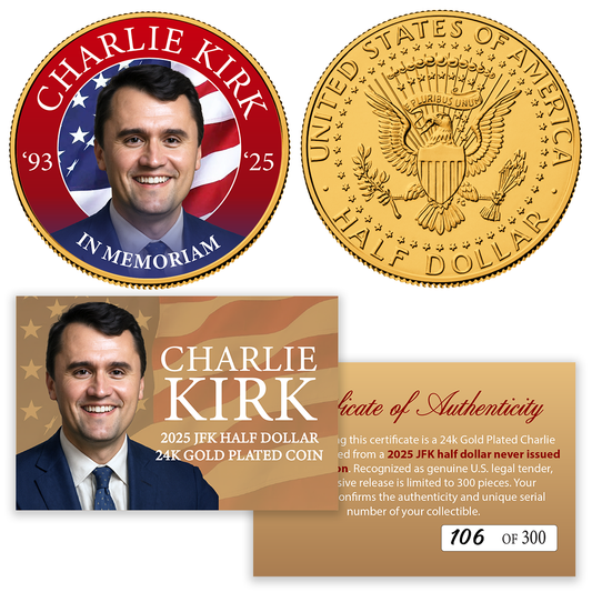 Charlie Kirk 24K Gold Plated JFK Half Dollar Coin (300 Available - Individually Numbered)