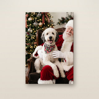 Christmas with Santa custom pet portrait canvas - your pet on Santa's lap by the Christmas tree