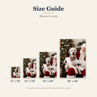 Christmas With Santa canvas size guide: 8x10, 12x18, 16x24 and 24x36 inches shown to scale