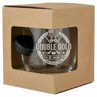 USA Hockey Double Gold - Hockey Puck Embedded Glassware