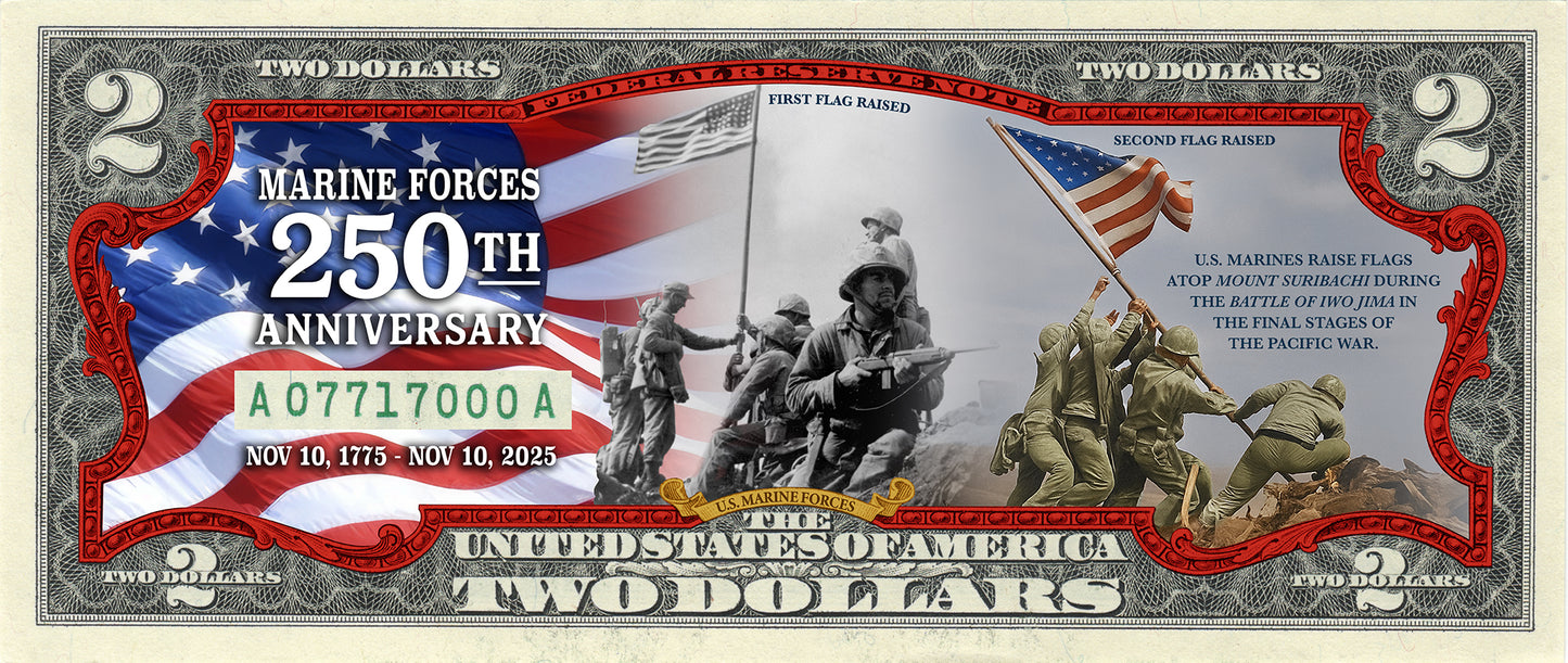 [RED BORDER] U.S. Marine Forces - 250th Anniversary Tribute - Genuine Legal Tender U.S. $2 Bill (250 Available & Individually Numbered)
