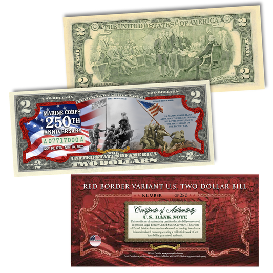 [RED BORDER] America's 250th Anniversary 'Marine Corp' - Genuine Legal Tender U.S. $2 Bill (Only 250 Available)