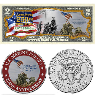 U.S. Marine Forces 250th Anniversary $2 bill with a commemorative coin featuring Iwo Jima flag raising design.