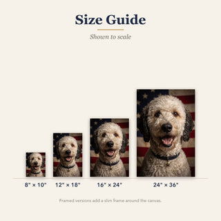 Old Glory canvas size guide: 8x10, 12x18, 16x24 and 24x36 inches shown to scale
