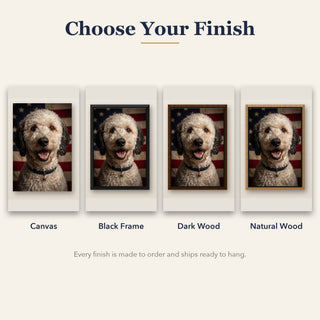 Old Glory finish options: canvas, black frame, dark wood frame, natural wood frame