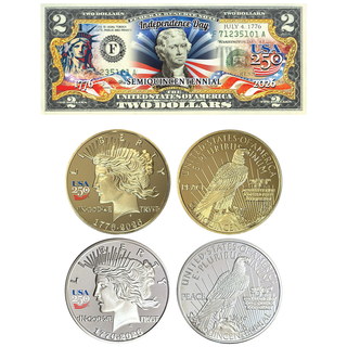 USA 250th Patriotic Bundle – Peace Coins & Independence $2 Bill