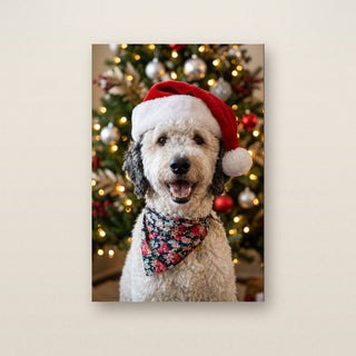 Santa Hat Christmas custom pet portrait canvas - your pet in a Santa hat in front of a Christmas tree