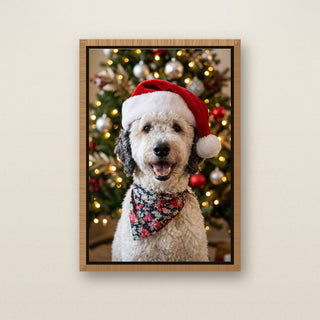 Santa Hat Christmas pet portrait in natural wood frame