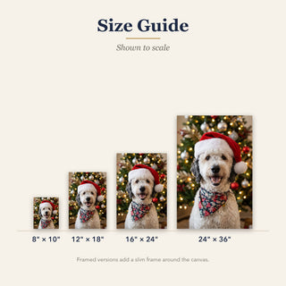 Santa Hat Christmas canvas size guide: 8x10, 12x18, 16x24 and 24x36 inches shown to scale