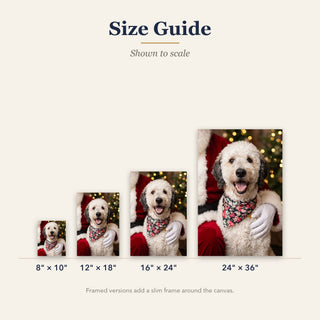 Santa's Favorite canvas size guide: 8x10, 12x18, 16x24 and 24x36 inches shown to scale