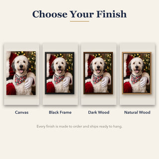 Santa's Favorite finish options: canvas, black frame, dark wood frame, natural wood frame
