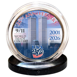 9/11 25th anniversary JFK half dollar coin featuring the World Trade Center and USA 250 logo, encased in a clear holder.