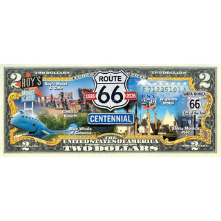 Route 66 two-dollar bill with various landmarks and attractions on a white background