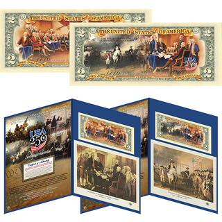 Colorized U.S $2 Bank Note & 1976 American Bicentennial Souvenir Postal Stamp Sheets (Set 2 of 2)