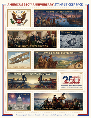 America's 250th Anniversary Stamp Style Sticker Sheets (20 Unique Stamp Style Stickers Included)